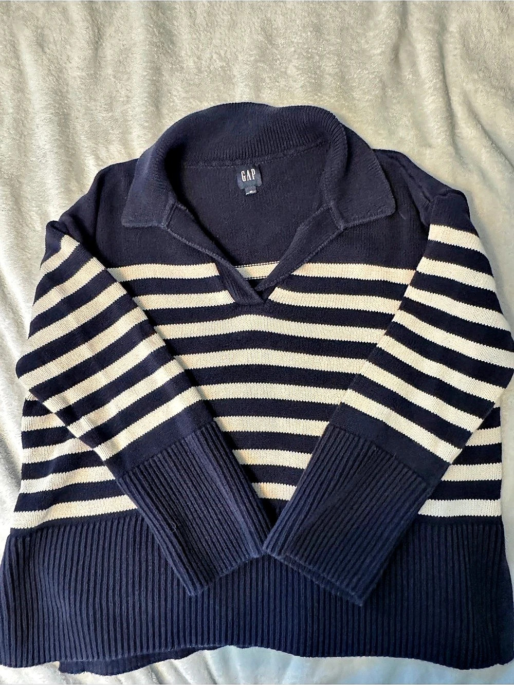 GAP Relaxed Cotton Stripe Polo Sweater Striped Cotton V-Neck Sweater in M